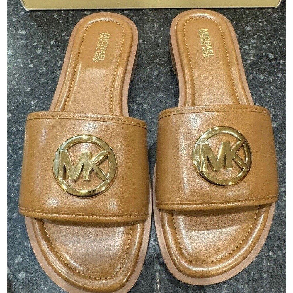 Michael Kors MK Logo Slide Sandals Brown Gold Women’s Size 7 - Picture 2 of 8